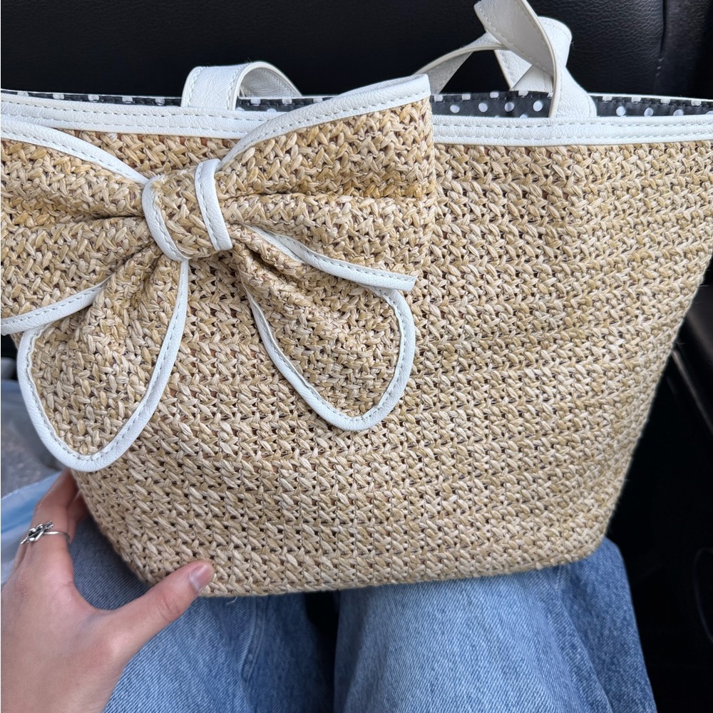 Bueno Tan and White Woven Tote with Bow